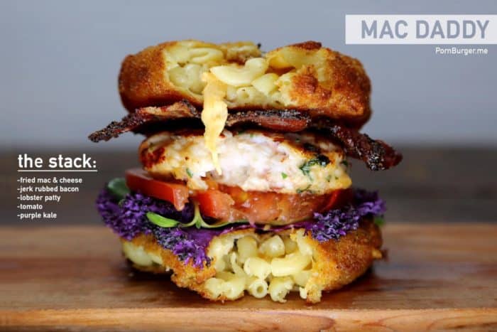 Image of a burger stack with two mac and cheese patties for a bun