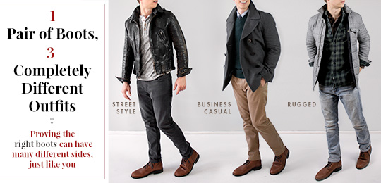 A man wearing 3 outfits, street style, business casual, and rugged