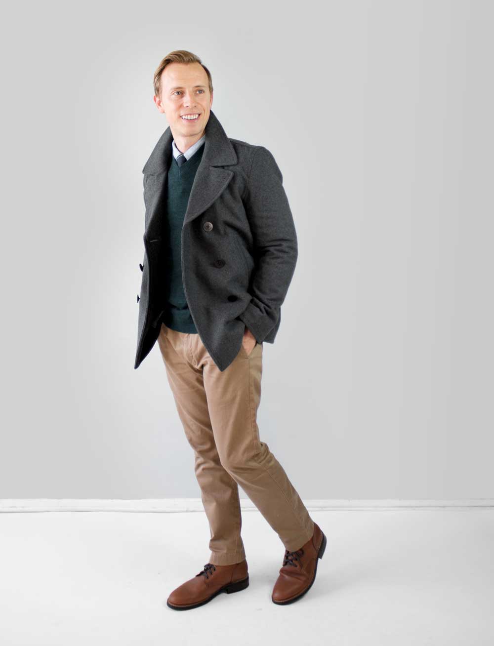men business casual pea coat sweater tie khakis brown boots