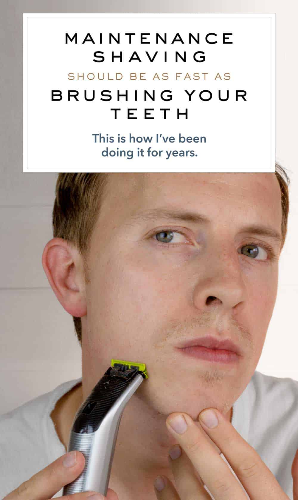 A man shaving in a mirror with article title