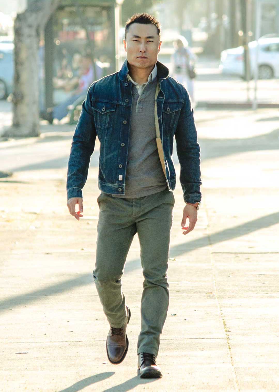 casual denim jacket outfit chinos boots henley