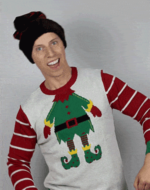 Animated gif of man wearing elf ugly christmas sweater
