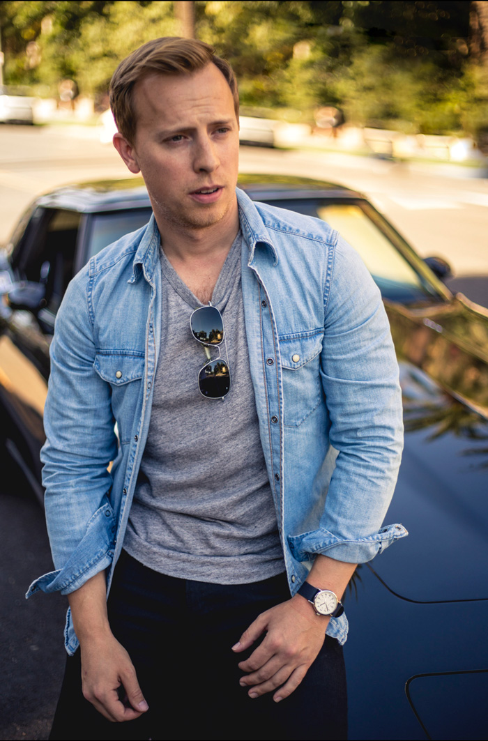 a man wearing a denim shirt from Gap with a shirt, pants, and sunglasses