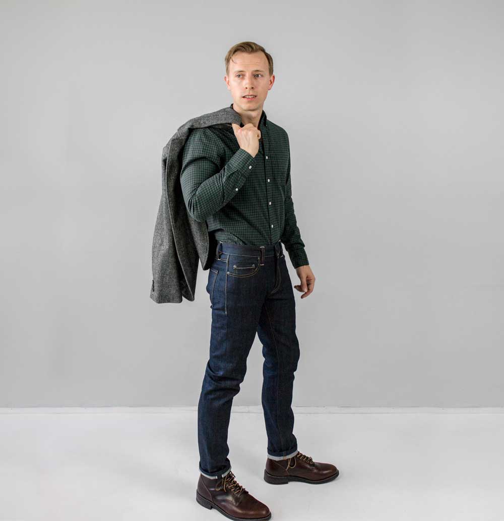 Flint & Tinder Slim stretch selvedge jeans thursday boots brown american made boots green shirt tucked in mens outfit