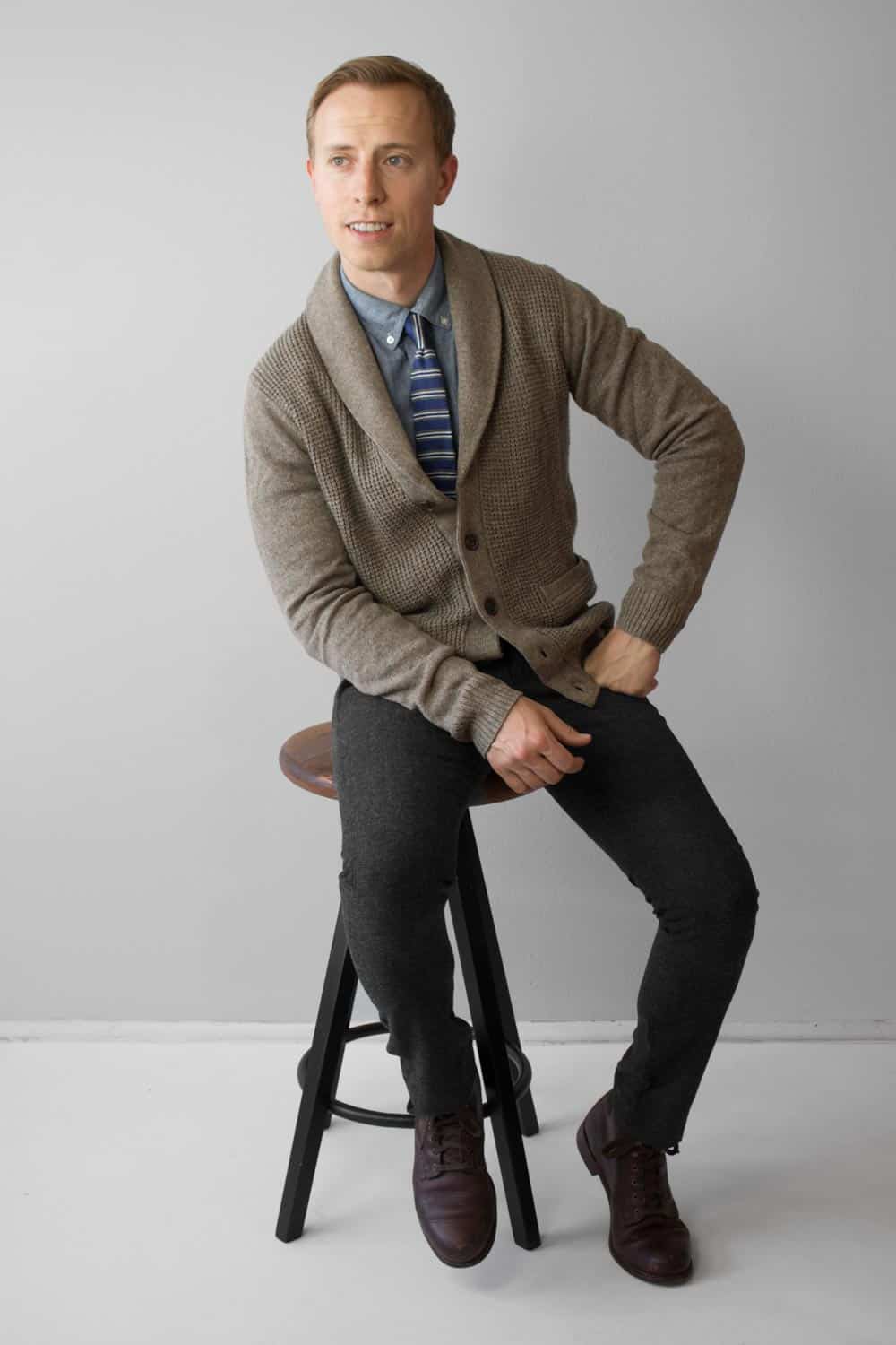 men smart casual fashion inspiration shawl collar cardigan knit tie chambray shirt