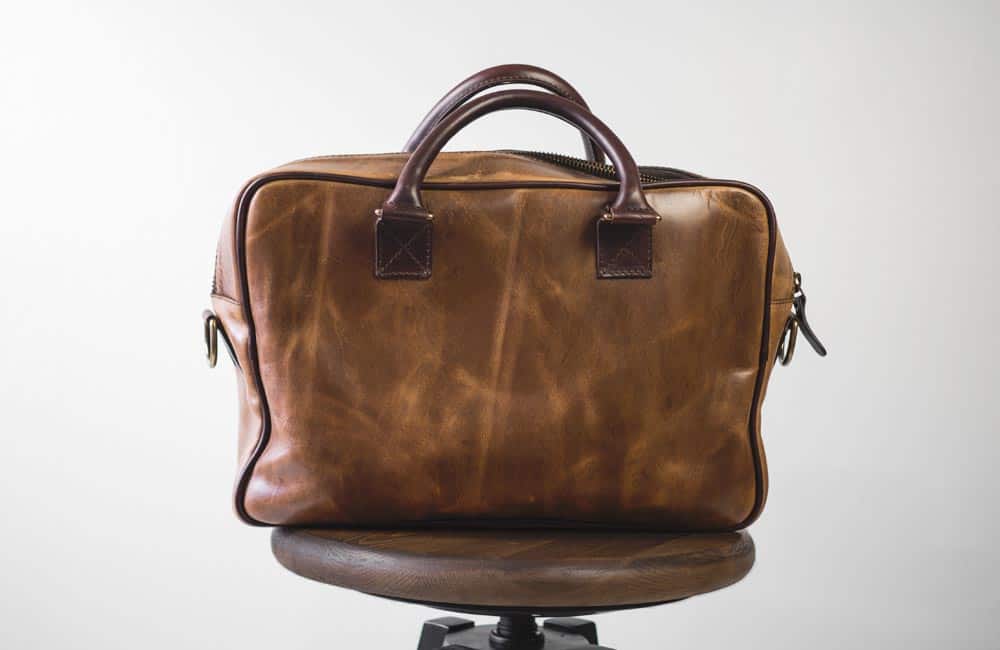 back of brown leather briefcase