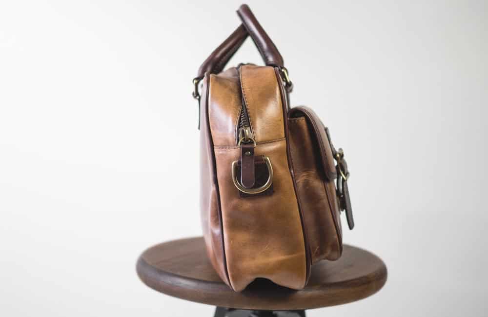side view of brown leather briefcase