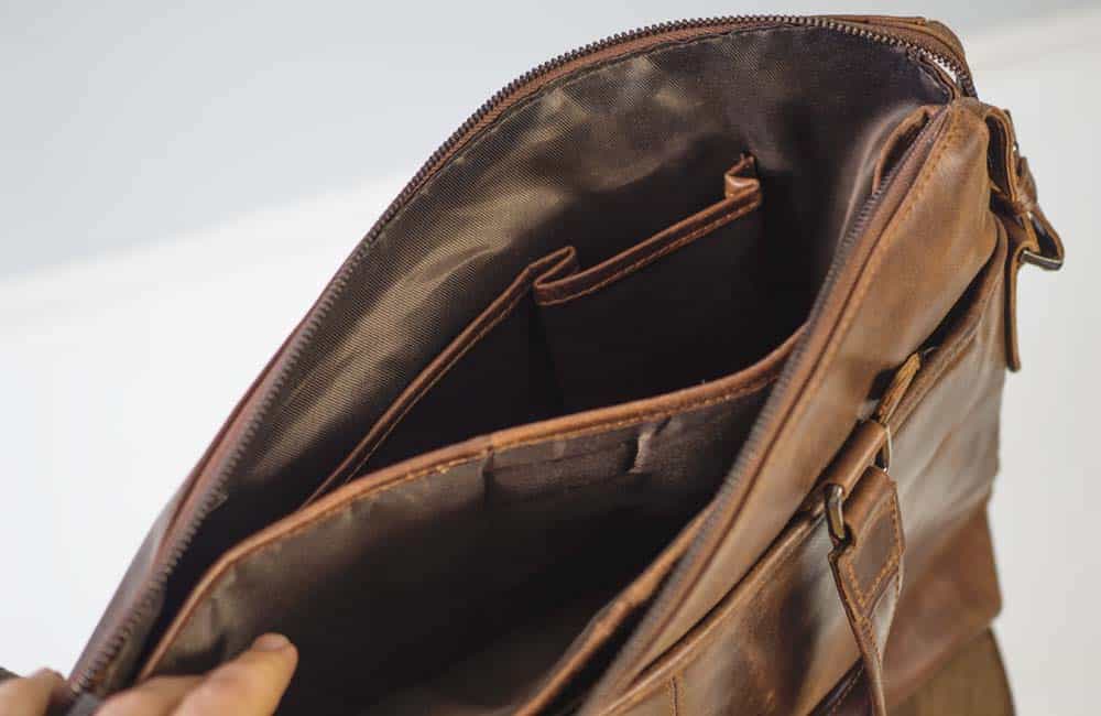 interior of leather briefcase