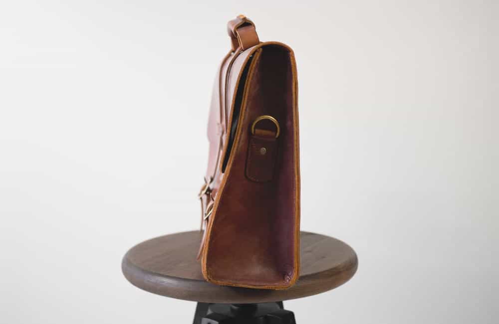 side view of brown leather briefcase