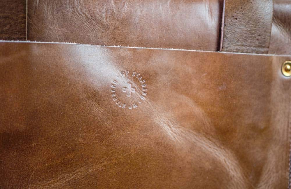 details of brown leather briefcase