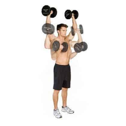 Image of man doing dumbbell curls to overhead press
