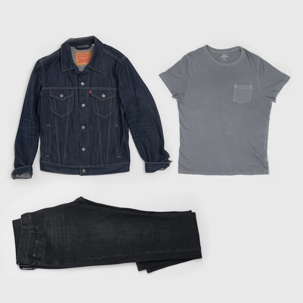 men's flatlay fashion denim trucker jacket gray tshirt black slim jeans