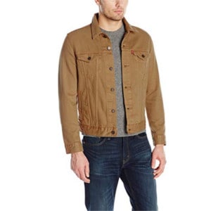 A person standing posing for the camera, with Levi\'s tan jacket