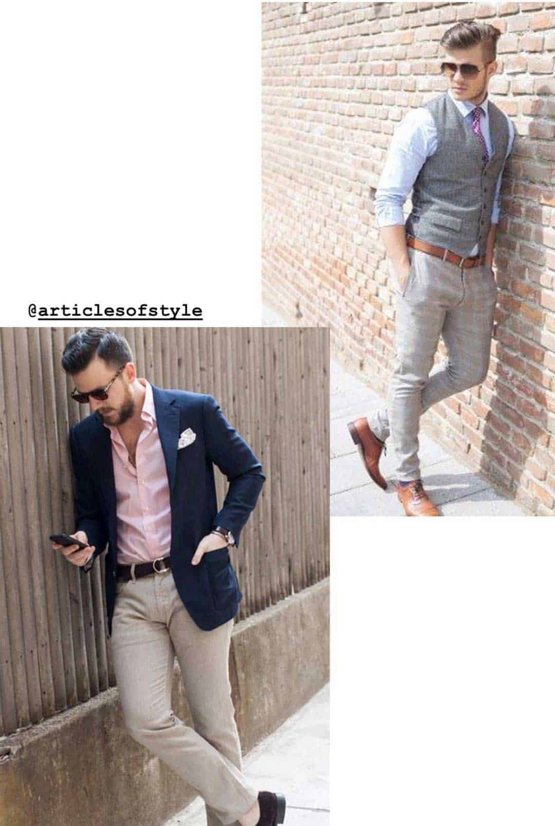 men garden casual attire examples outfits pink shirt khakis blue blazer vest