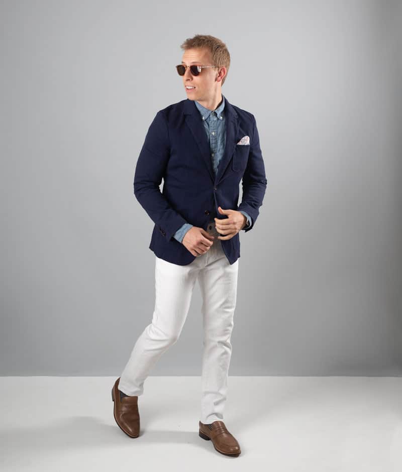 navy blazer blue shirt white jeans loafers