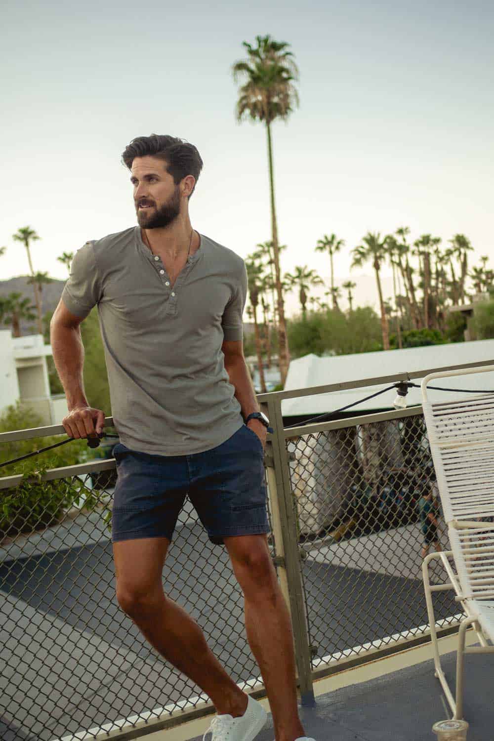 men summer outfit ideas fashion olive green henley blue camp shorts palm trees