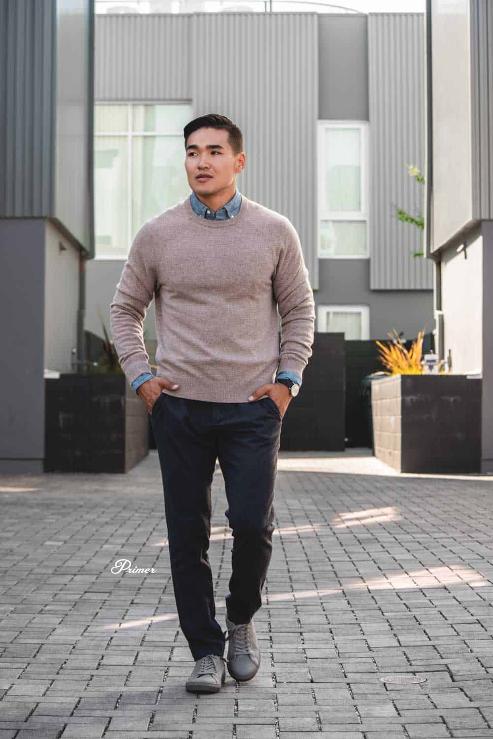 men's fall fashion   camel sweater chambray shirt target pants target gray monochrome sneakers