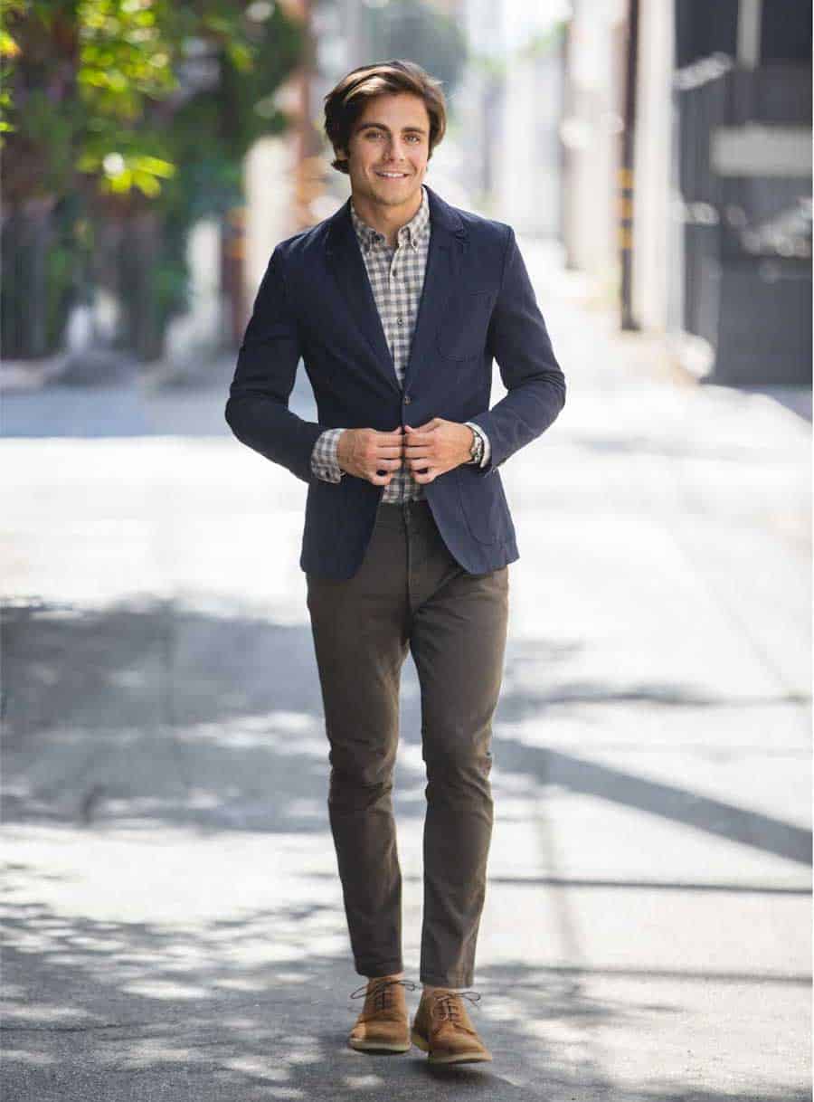 a man wearing a smart casual business outfit of a blazer, checkered pattern button up shirt, chino pants, and lace up dress shoes