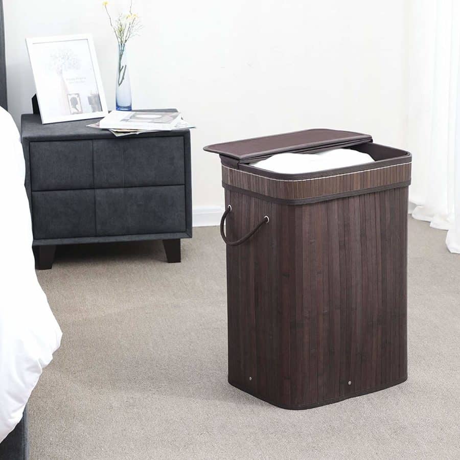 Image of SONGMICS Bamboo Laundry Hamper Storage Basket Foldable Dirty Clothes Hamper with Lid Handles and Removable Liner Rectangular Dark Brown ULCB10B