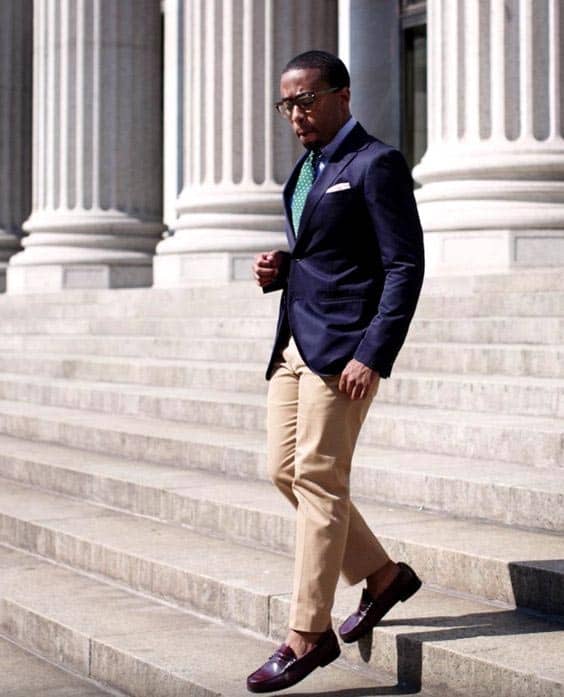 navy blazer with tie and chinos