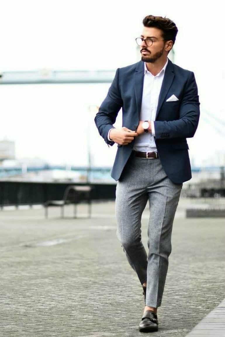 gray blazer navy pants brown shoes