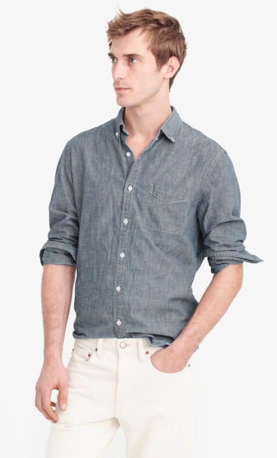 chambray shirt with white jeans