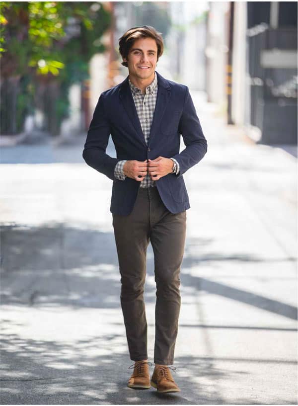 navy blazer with earth tones