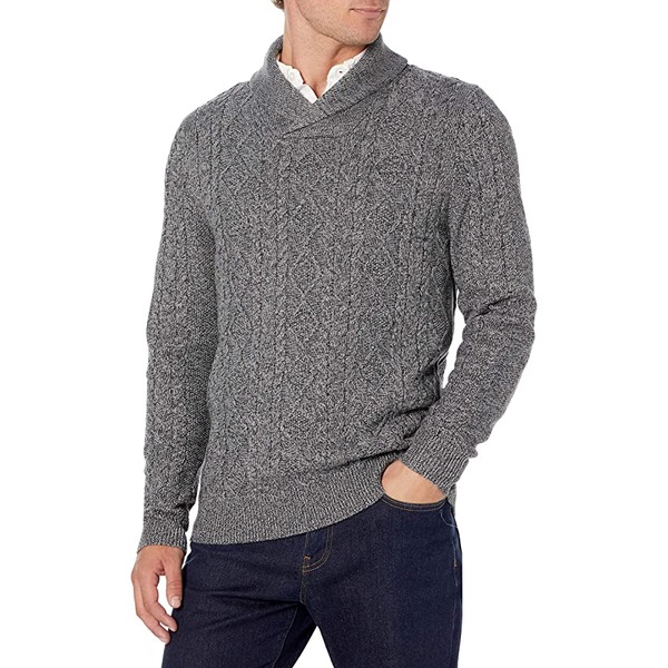 a man wearing a charcoal grey shawl collar cable knit sweater
