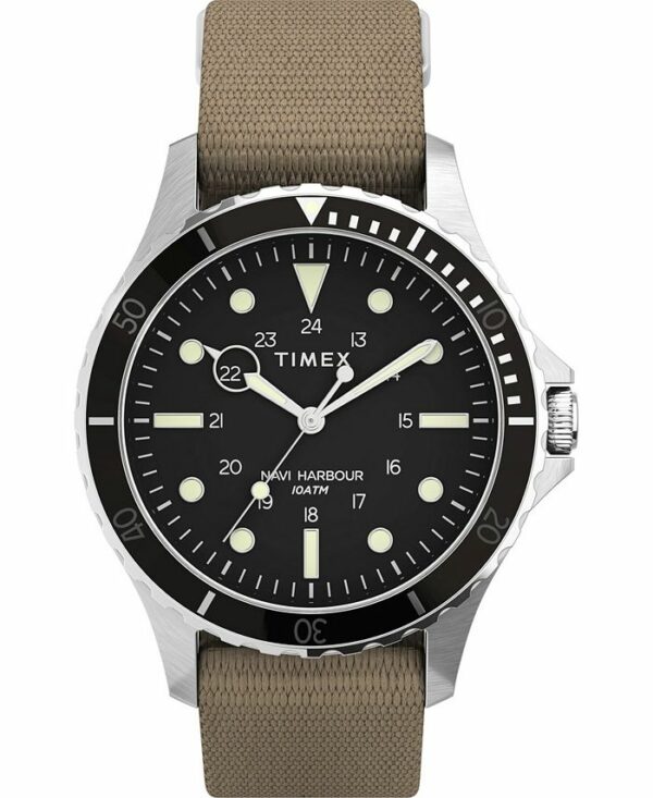 a timex analog watch with tan strap 