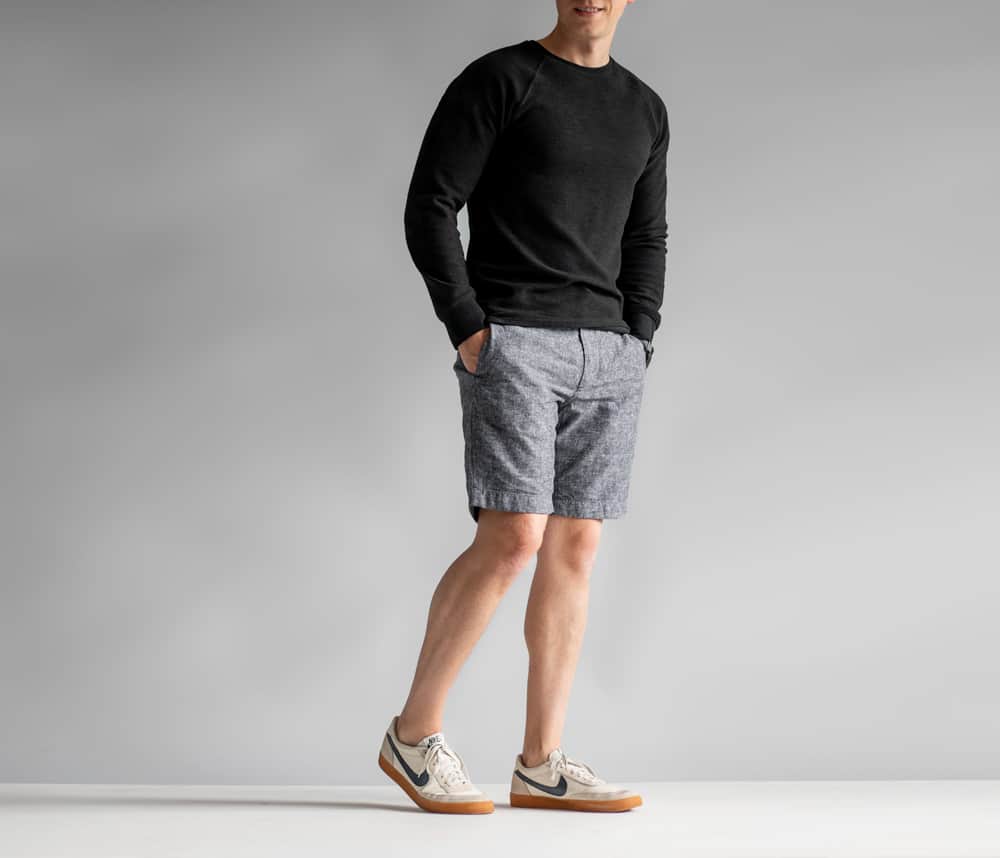 men black sweater with shorts nike killshots outfit