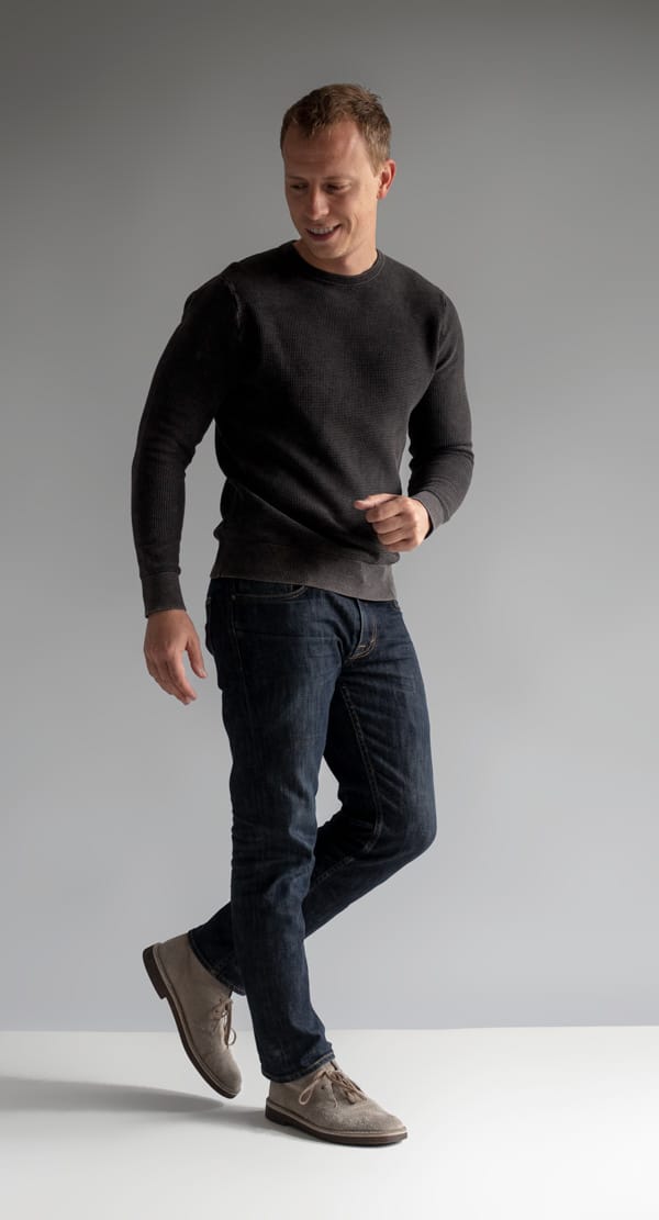 texture crew neck jeans desert boots