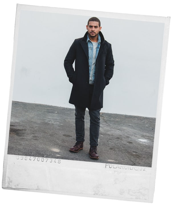 men winter outfit with long coat denim jacket gray jeans