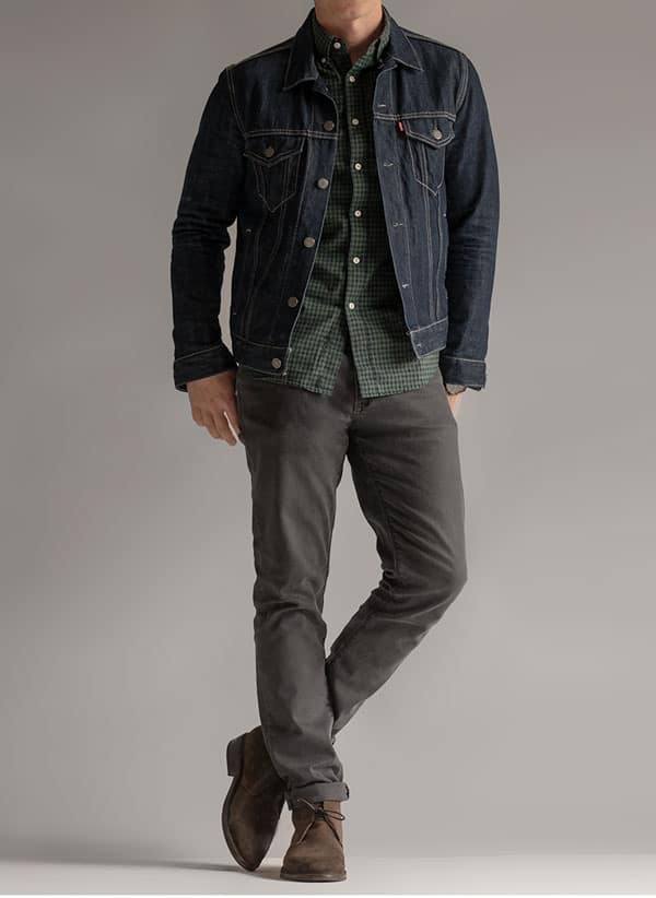 getup mens smart casual outfit inspiration denim trucker jacket plaid shirt gray jeans suede chukka boots