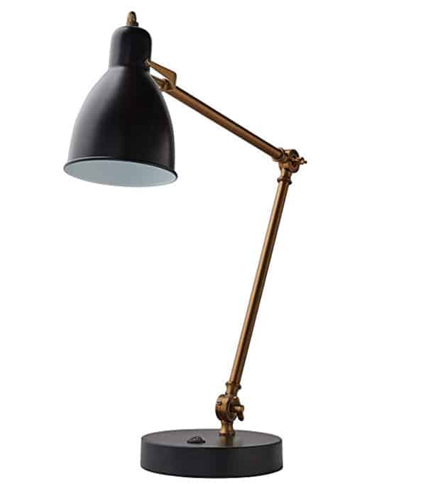 Rivet Caden Adjustable Task Table Desk Lamp With USB Port And LED Light Bulb - 25.5 x 20 x 7 Inches, Black and Brass
