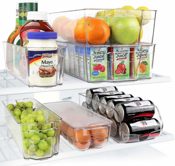 space saving refrigerator organizer bins holding various food items