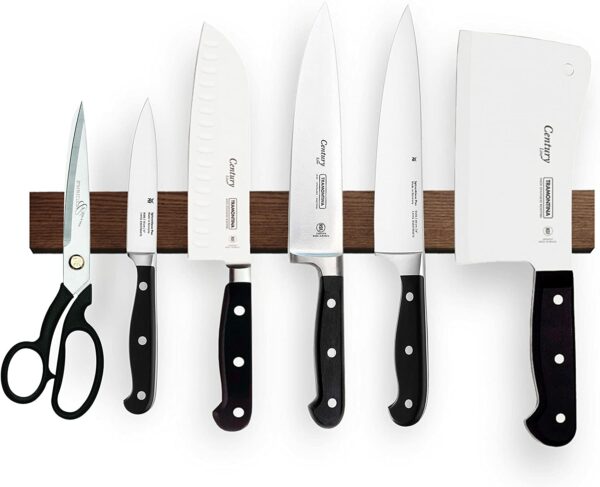 image of a magnetic wood knife holder rack with a set of knifes and cutlery