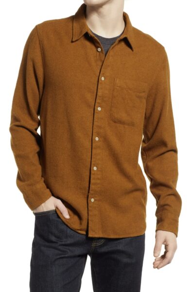 image of a long sleeve brown button down flannel shirt