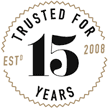A badge that reads Celebrating 15 Years, Established 2008