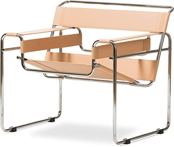 a tan leather and steel frame modern accent armchair
