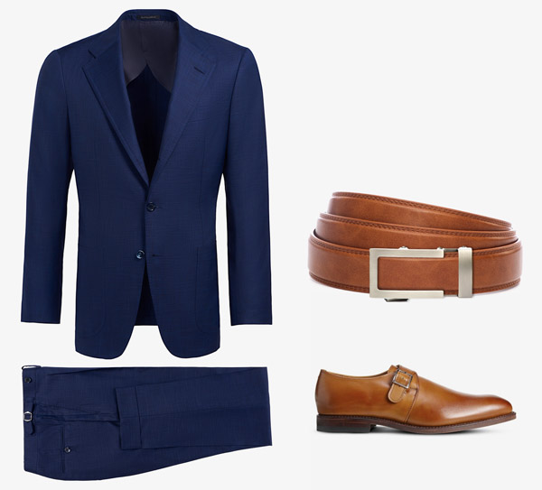 blue suit with tan brown belt and shoes