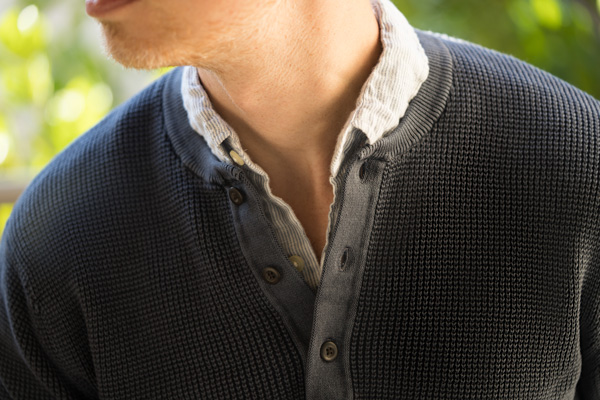 knit henley over collard shirt