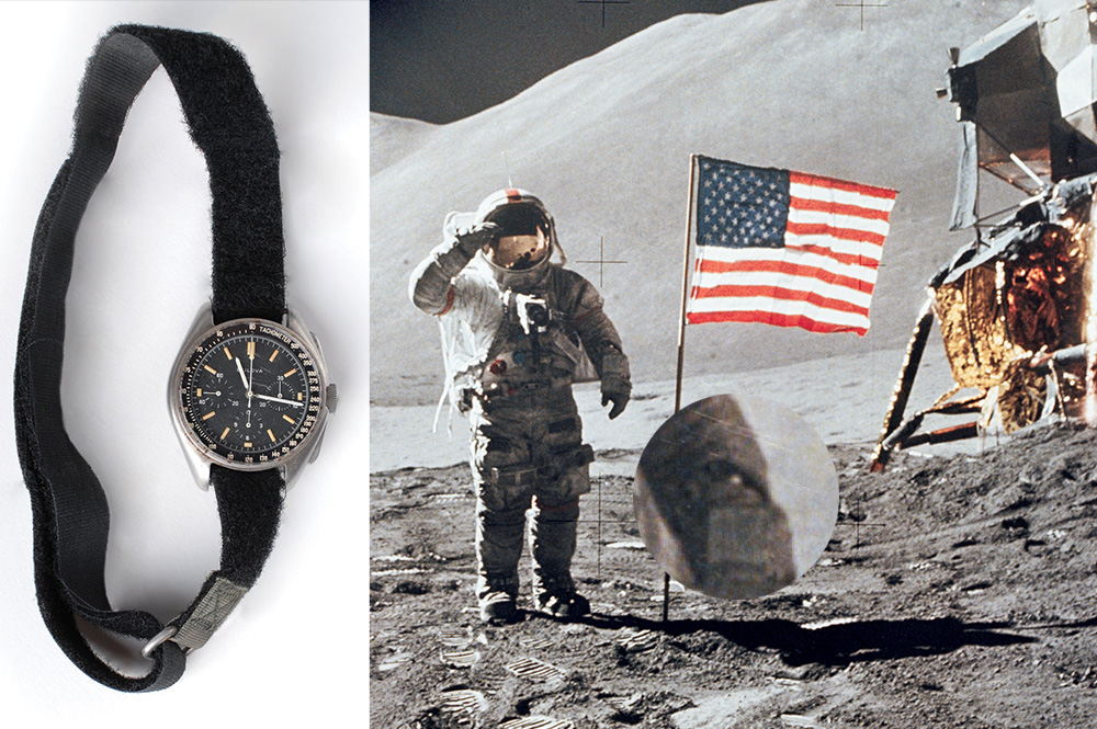 Nasa strap on a watch next to a photo of an astronaut on the moon