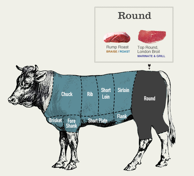 Beef cuts diagram of the round - the back section of the cow –, showing rump roast and top round (braise / roast), london broil (marinate & grill)