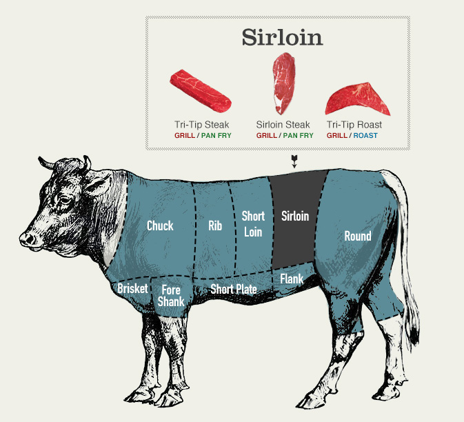 Beef cuts chart of the sirloin: Tri-tip steak (grill / pan fry), sirloin steak (grill / pan fry), tri-tip roast (grill / roast)