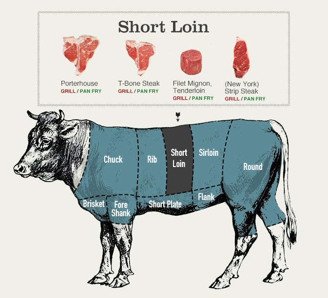 Beef cuts chart of the short loin: in mid back of cow with cuts: Porterhouse (grill / pan fry), t-bone steak (grill / pan fry), filet mignon, tenderloin (grill / pan fry), New York  strip steak (grill / pan fry)
