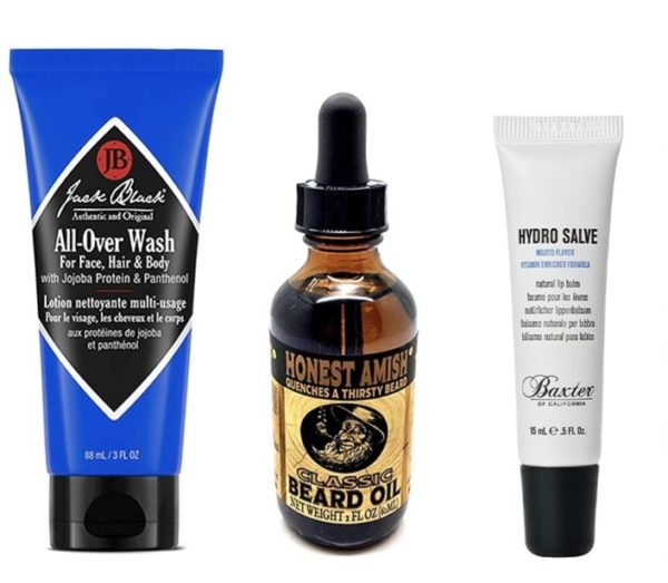 trio of men's grooming products including jack black body wash and honest amish beard oil and baxter hydro salve