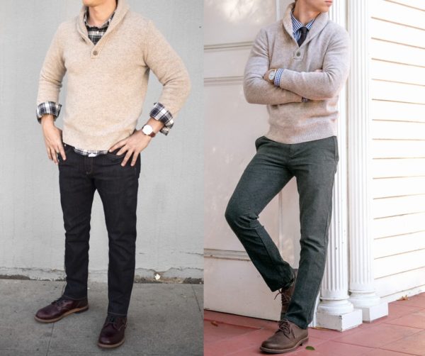 two images of men wearing shawl collared sweaters with dark pants for primer magazine