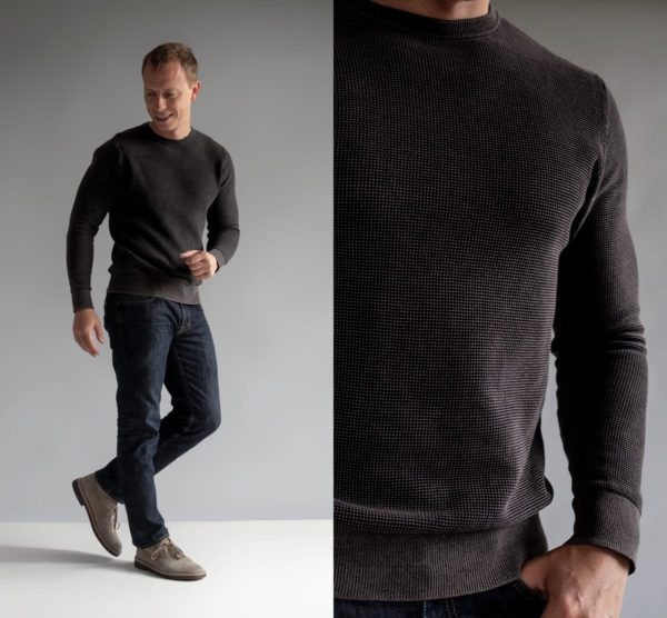 two images of a man wearing a black thermal sweater for primer magazine