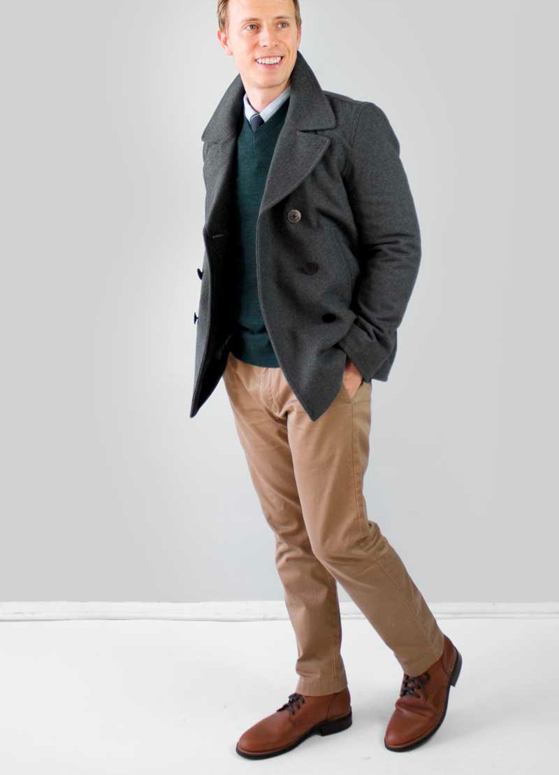 business casual outfit with pea coat