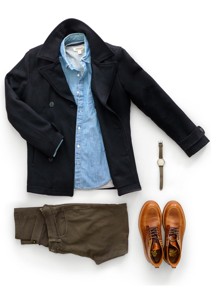 pea coat outfit flatlay with chambray shirt, brown jeans, and boots